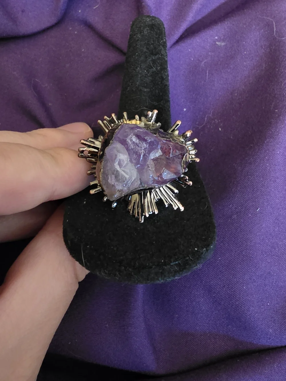 Ajustable Purple Raw Amethyst Crystal Statement Ring